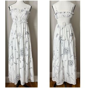 White Navy Blue Tie Front Cut Out Tiered Maxi Dress